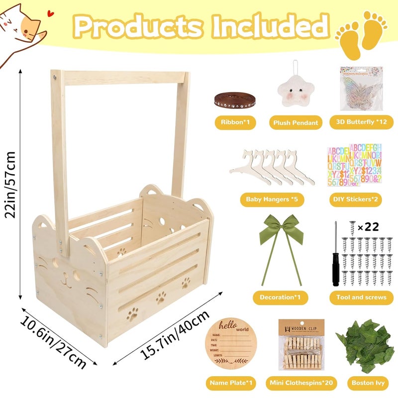 FVNPIHAM Wooden Baby Shower Crate Closet, Cute Cat Baby Shower Closet Basket with Handle, Gender Reveal Storage Box for Pregnancy New Parent, Personalized Baby Gifts Basket - Image 5